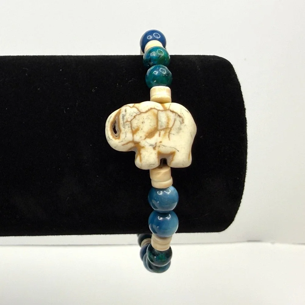 Cold Stone Elephant Charm Beaded Bracelet Agate Glass Colorful Beads Jewelry